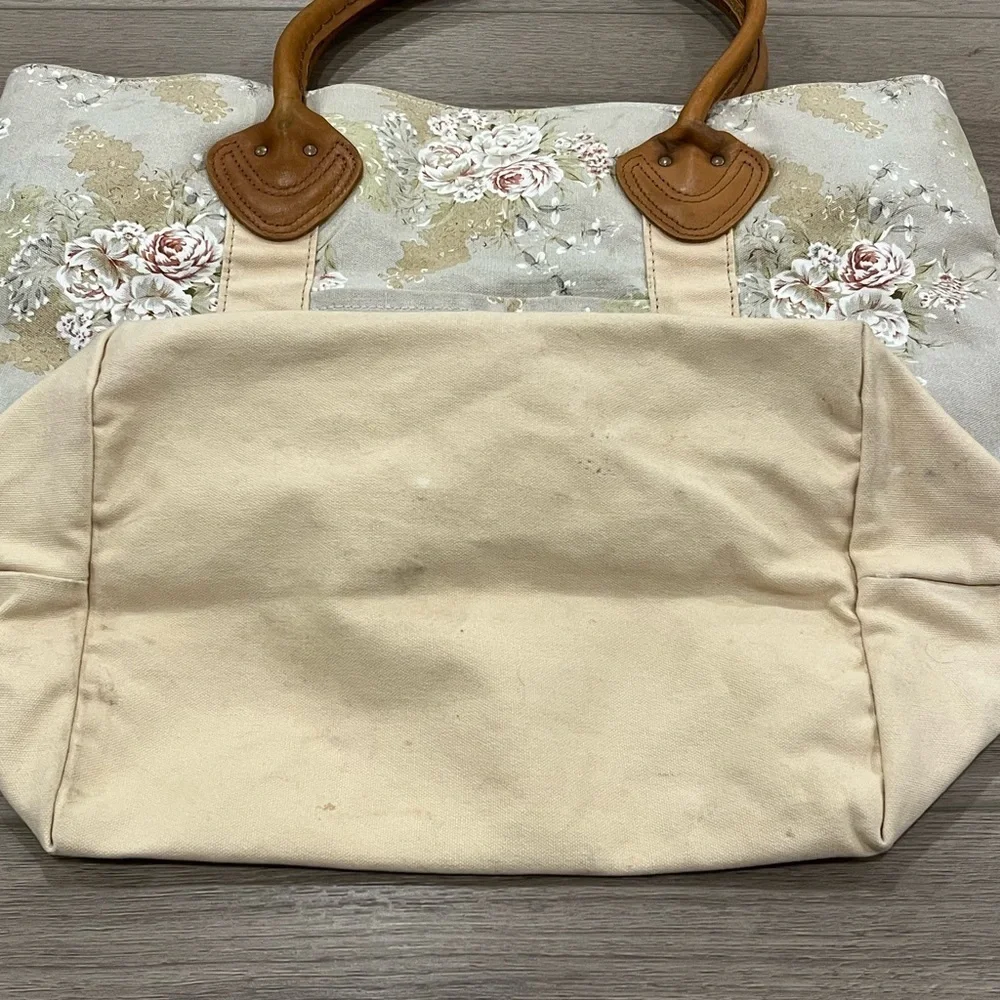 L.L. Bean Cream Floral Tote Bag Brown Handles